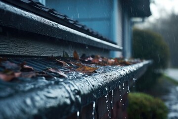 close-up of rainwater overflowing a gutters edge, created with generative ai