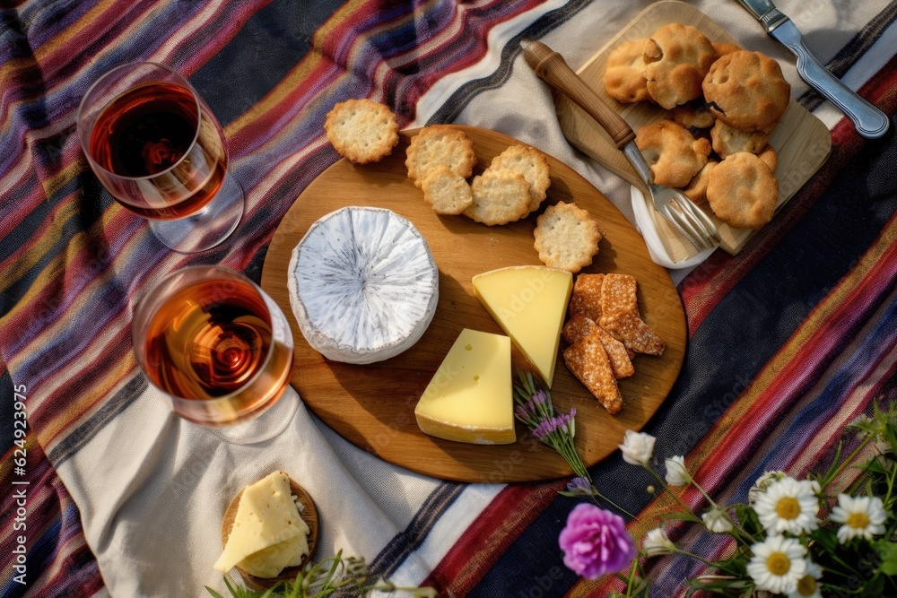 Sticker overhead view of a wine and cheese pairing on a picnic blanket, created with generative ai