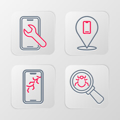 Set line System bug, Mobile with broken screen, Phone repair service and icon. Vector