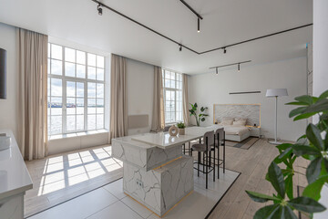 minimalistic modern luxury design of an expensive house with marble trim on a sunny day. white walls with plaster, parquet, decorative lighting and no one inside