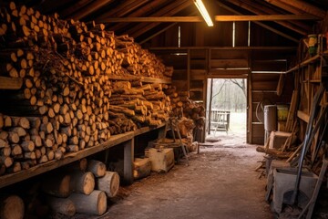 split firewood neatly arranged in a shed, created with generative ai