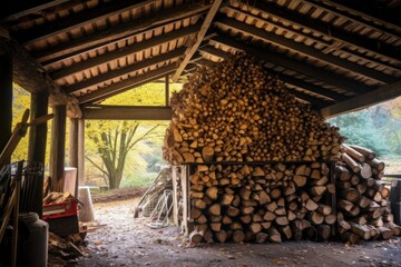 stacked firewood in a shed, ready for winter use, created with generative ai