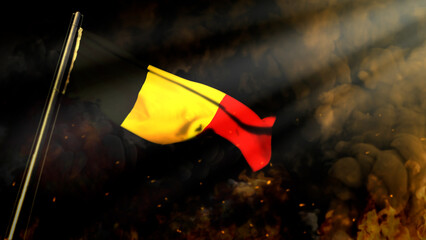 defocused Belgium flag on smoke with sun beams backdrop - crysis concept - abstract 3D illustration