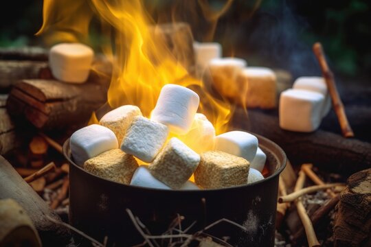 close-up of marshmallows roasting over campfire, created with generative ai