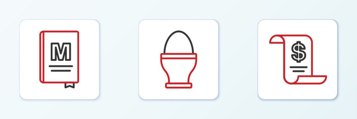 Set line Paper or financial check, Restaurant cafe menu and Chicken egg on stand icon. Vector