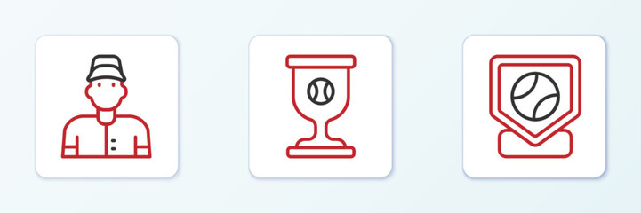 Set line Baseball base, player and Award cup with baseball icon. Vector