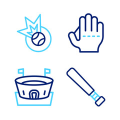 Set line Baseball bat, arena, glove and icon. Vector