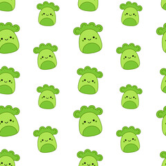 Cheerful kawaii broccoli on seamless pattern. Squishmallow. Broccoli. Kawaii, Vector