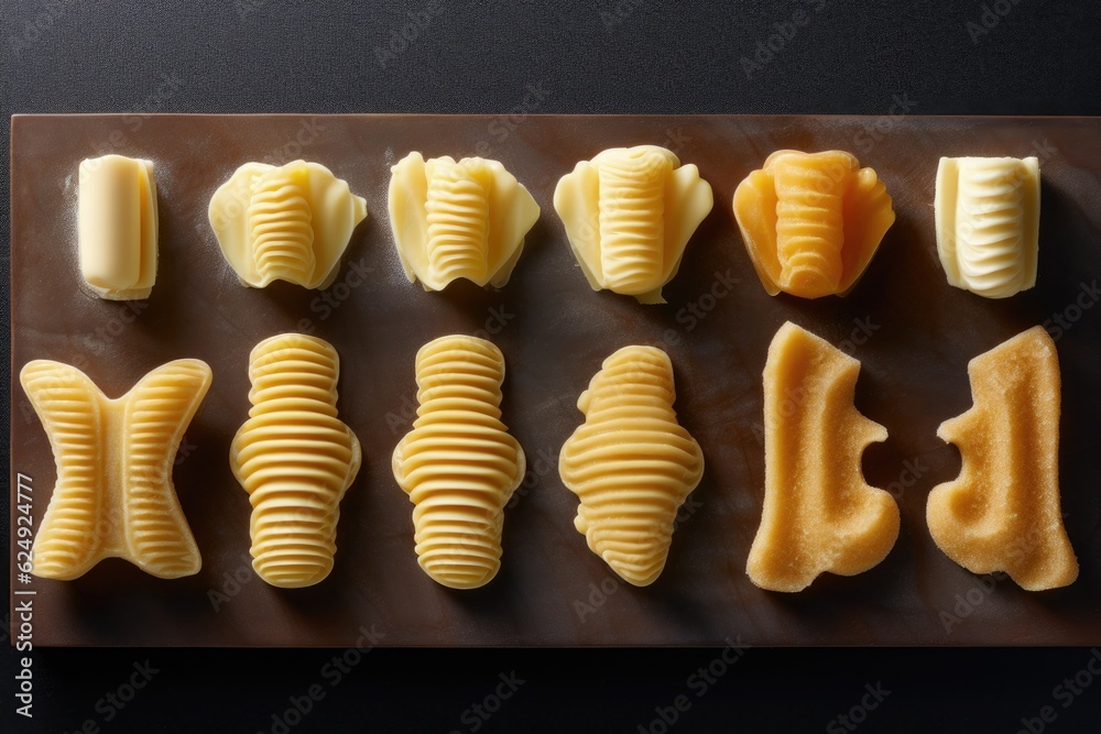 Wall mural butter curls arranged in a row with different shapes, created with generative ai