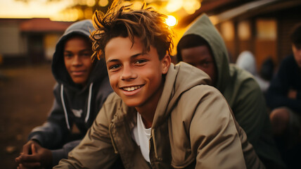 Fototapeta premium Portrait of multicultural teenage boys happy smile outdoor