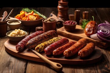 freshly made artisan sausages on a wooden board, created with generative ai