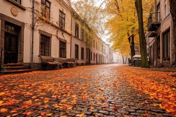 cobblestone street with autumn leaves scattered, created with generative ai