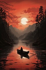 In the sky above water, a boat floats near mountains, red sun, and moon. (Generative AI)