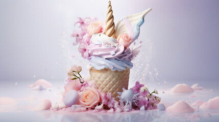 Unicorn Themed Ice Cream - Pastel Tones Against Textured Backdrop with Beautiful Floral Elements and Whimsical Design - Generative AI