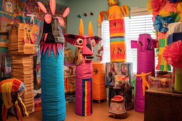 various sizes of homemade pinatas displayed, created with generative ai