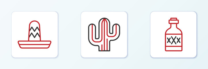 Set line Tequila bottle, Mexican sombrero and Cactus icon. Vector