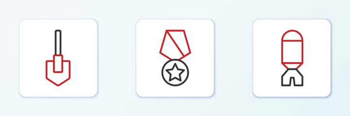 Set line Rocket launcher, Shovel and Military reward medal icon. Vector