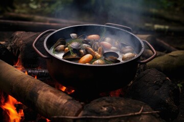 cioppino pot simmering on campfire, smoke billowing, created with generative ai