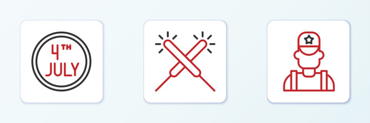 Set line Sheriff cowboy, Calendar with date July 4 and Sparkler firework icon. Vector
