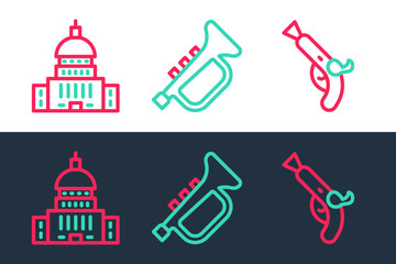 Naklejka premium Set line Vintage pistols, White House and Trumpet icon. Vector