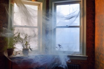 foggy window with smoky wisps outside, created with generative ai