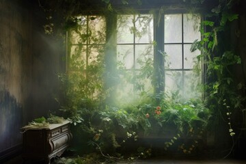 smoke curling around a window with ivy-covered walls, created with generative ai