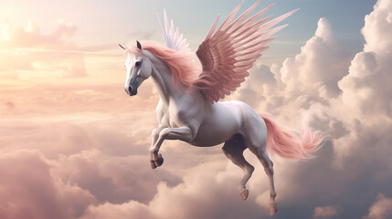 Obraz na płótnie Canvas Mythological horse Pegasus flies over pink clouds
