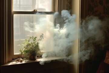 smoke escaping from a slightly open window, created with generative ai