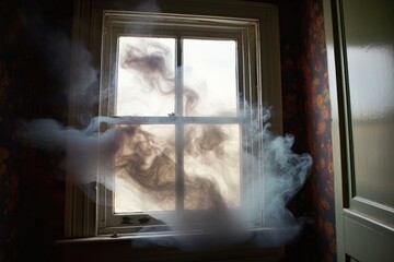smoke rings floating from a narrow window slit, created with generative ai