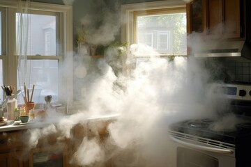 dense smoke escaping a window during a cooking mishap, created with generative ai