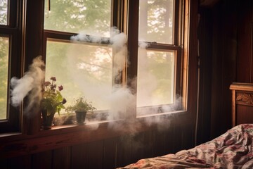 smoke billowing out of a cozy cabin window, created with generative ai