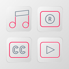 Set line Play button, Subtitles, Record and Music note, tone icon. Vector