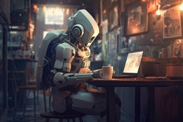 robot in a cafe browsing social media on a laptop, created with generative ai