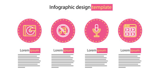 Set line Microphone, Music playlist, Speaker mute and Vinyl player with vinyl disk icon. Vector