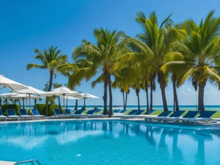 Luxurious swimming pool and loungers umbrellas near beach and sea with palm trees and blue sky. Generative AI
