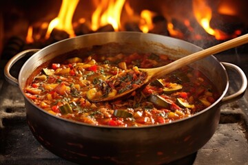 stirring ratatouille in pan with wooden spoon, fire crackling, created with generative ai