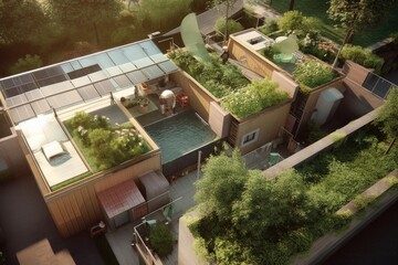 Fototapeta na wymiar aerial view of rainwater harvesting rooftop system, created with generative ai