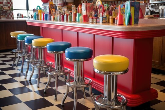 retro soda fountain counter with colorful bar stools, created with generative ai