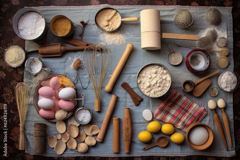 Wall mural top view of baking utensils and biscuit ingredients, created with generative ai