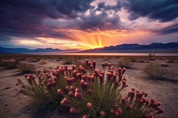 moody sunset over flowering desert plants, created with generative ai