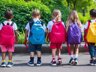 Obraz premium Little students with backpacks. Generative AI 