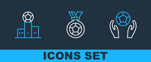 Set line Soccer football ball, Award over sports winner podium and Football soccer medal icon. Vector