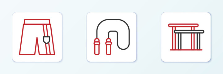 Set line Uneven bars, Short or pants and Jump rope icon. Vector