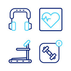 Set line Fitness app, Treadmill machine, Heart rate and Headphones icon. Vector