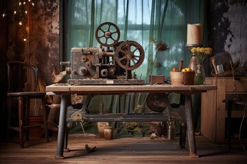 vintage film projector on rustic wooden table, created with generative ai