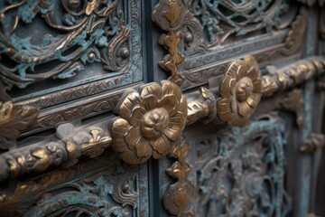 close-up of intricate metalwork on gate or door, created with generative ai