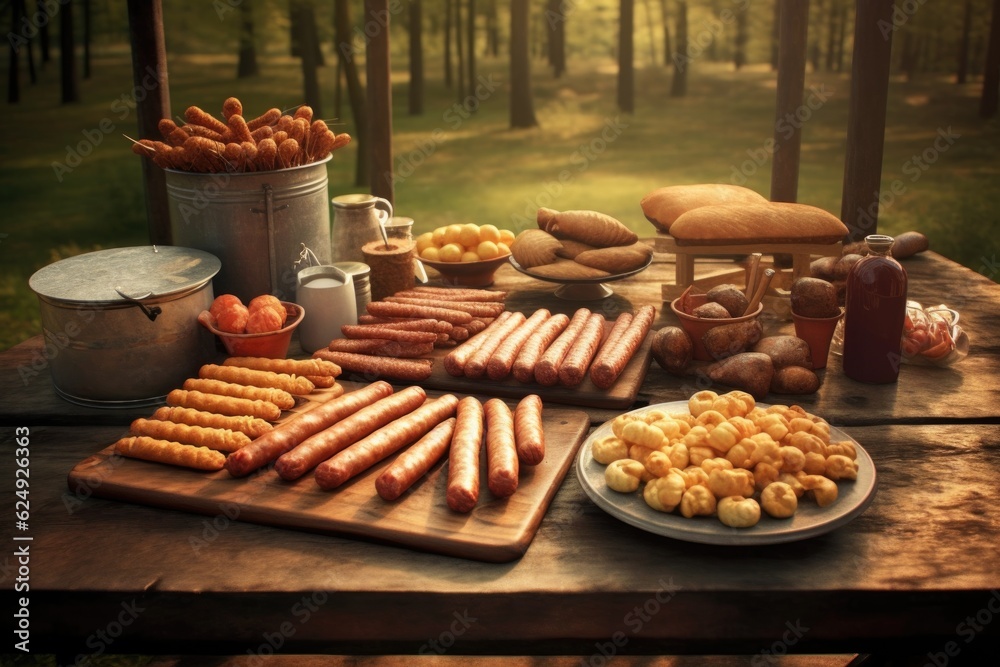 Wall mural variety of sausages on an outdoor picnic table, created with generative ai