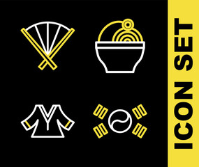 Set line Ramen, South Korea flag, Kimono and Traditional fan icon. Vector