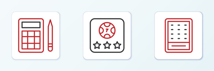 Set line Lottery ticket, Bingo card and Online poker table game icon. Vector