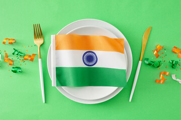 India Independence Day party concept. Top view shot of plates, cutlery, national flag, patriotic confetti on light green background